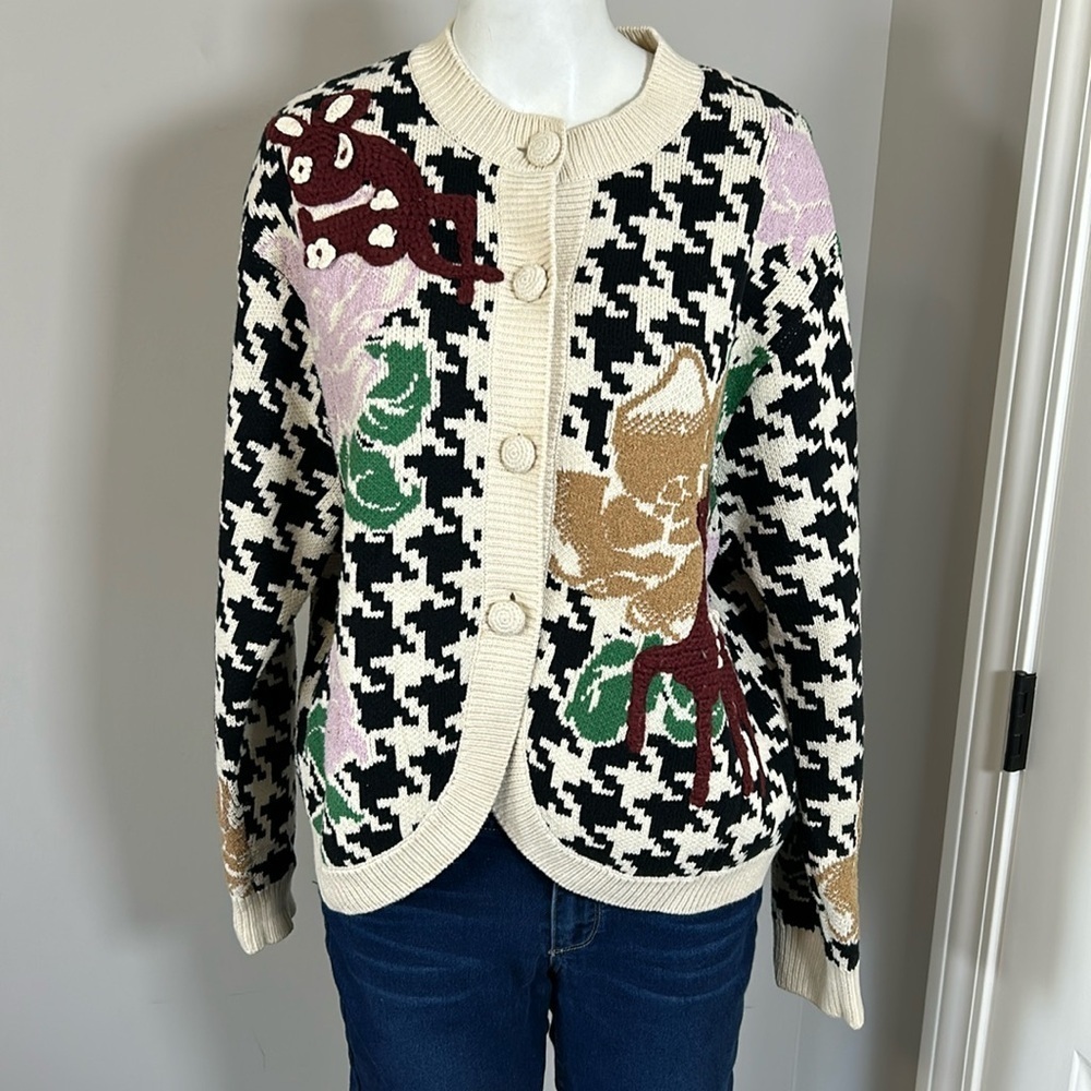 UOOYAA PATCHWORK Sweater Hand Knitted Deer Floral Cardigan Woodland Sz S NEW